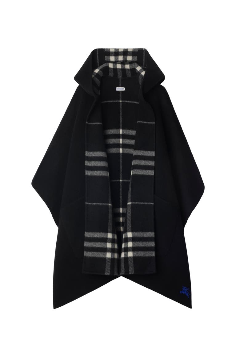 Reversible Check Cashmere Hooded Cape, Main, color, Black/calico beige