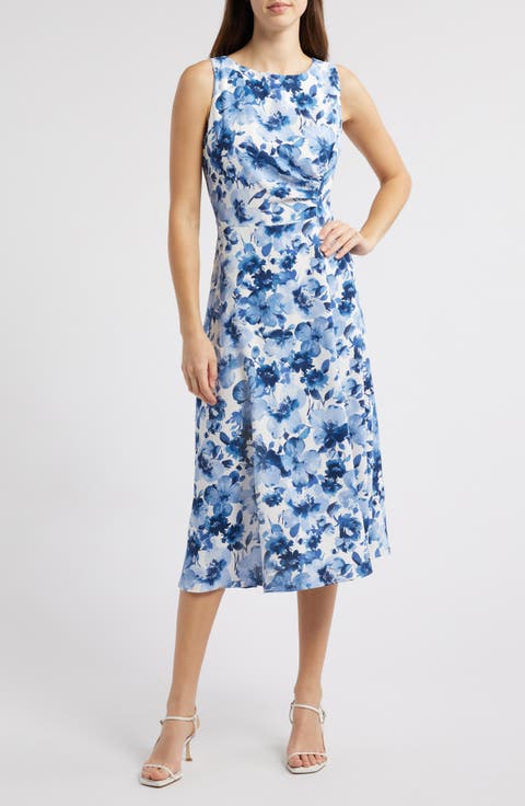 Floral Sleeveless Pleated Waist A-Line Midi Dress
