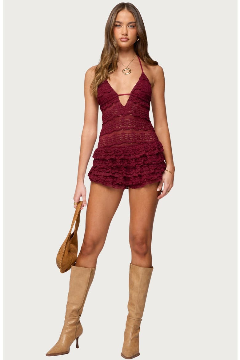 Lanney Ruffle Sheer Lace Halter Romper, Alternate, color, BURGUNDY