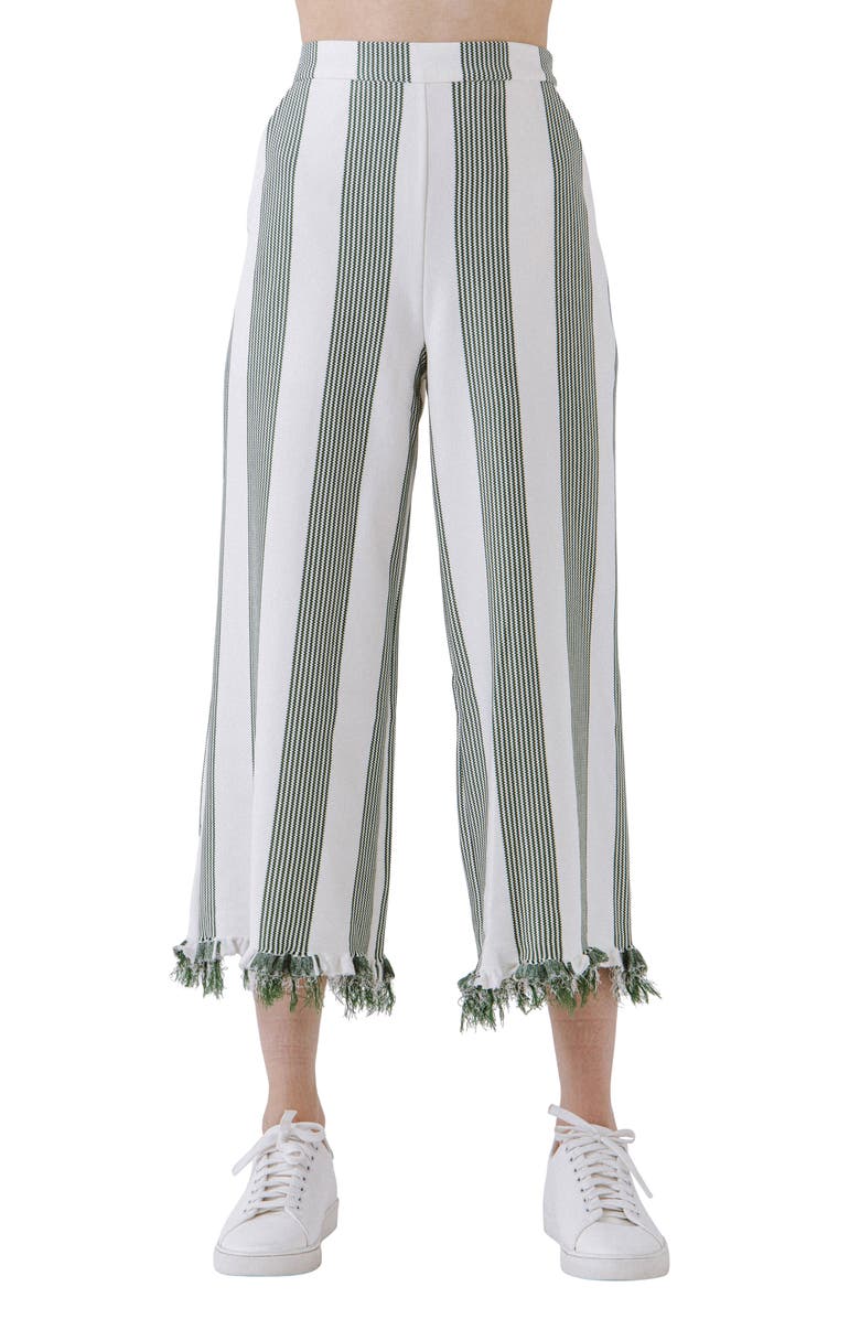 English Factory Stripe Fringe Hem Wide Leg Crop Pants, Main, color,