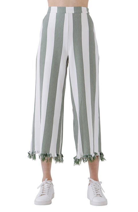 Stripe Fringe Hem Wide Leg Crop Pants