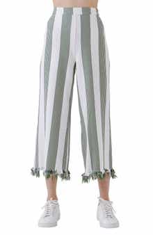 English Factory Stripe Fringe Hem Wide Leg Crop Pants