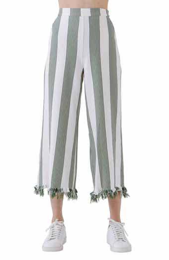 English Factory Stripe Fringe Hem Wide Leg Crop Pants