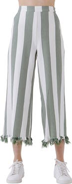 English Factory Stripe Fringe Hem Wide Leg Crop Pants