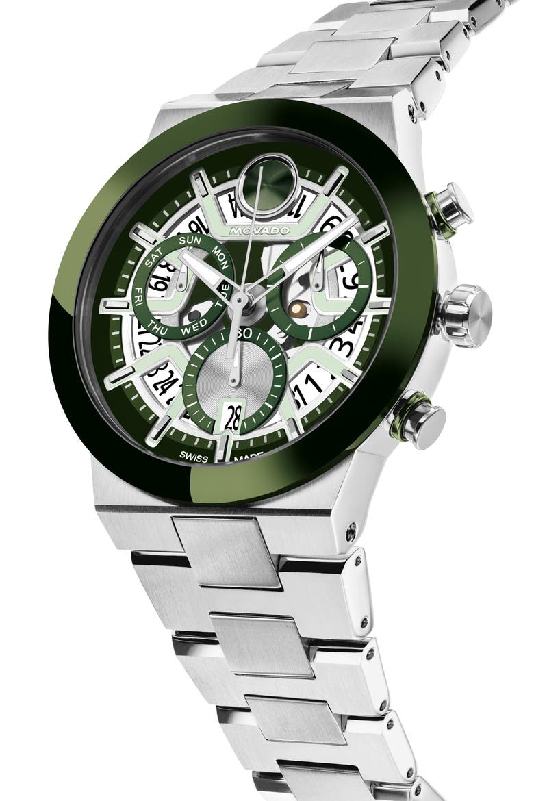 Bold Fusion Skeleton Chronograph Silicone Strap Watch, 44.5mm, Alternate, color, GREEN & SLNGL & TRANSPARENT
