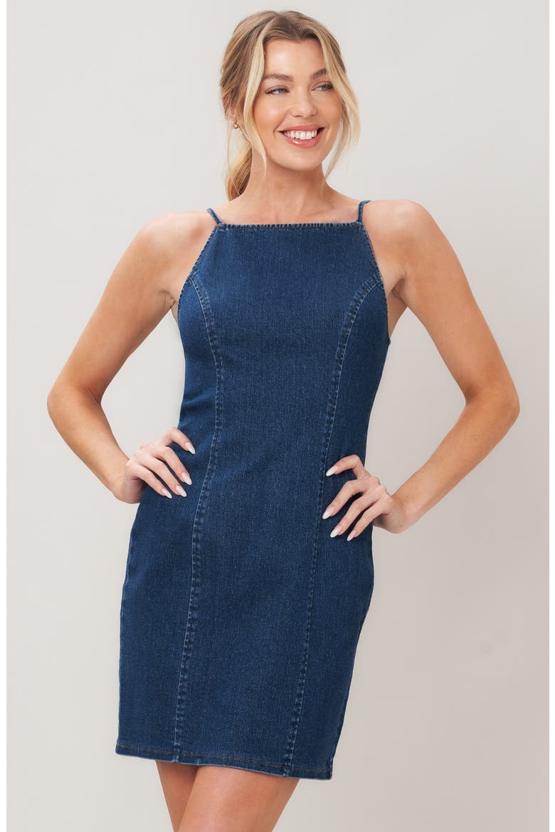 Apron Neck Sleeveless Denim Minidress, Alternate, color, DENIM