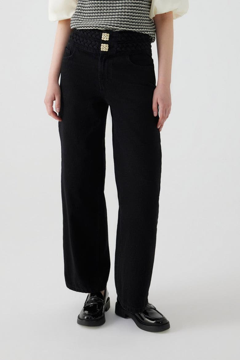 Belted Wide Leg Denim Pants, Alternate, color, BLACK