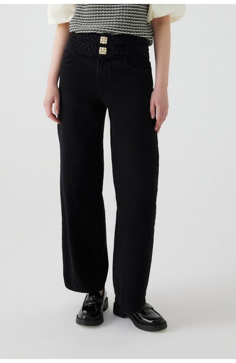 Exquise Belted Wide Leg Denim Pants, Alternate, color, Black