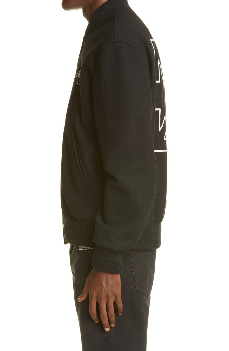 Off-White Logo Arrow Wool Blend Varsity Jacket, Alternate, color,