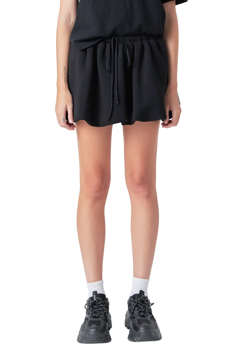 Bubble Hem Scuba Knit Drawstring Miniskirt, Main, color, BLACK