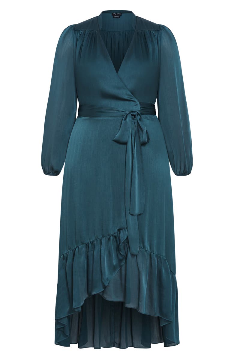 City Chic Rylie Love Long Sleeve High-Low Satin Maxi Dress, Alternate, color, Teal