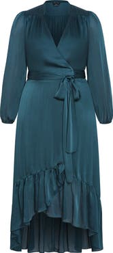 City Chic Rylie Love Long Sleeve High-Low Satin Maxi Dress