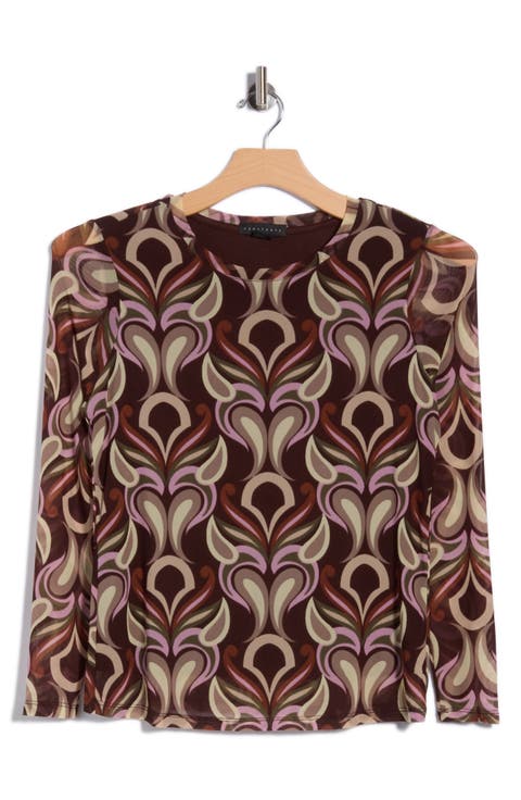 Sheer Mesh Long Sleeve Print Top