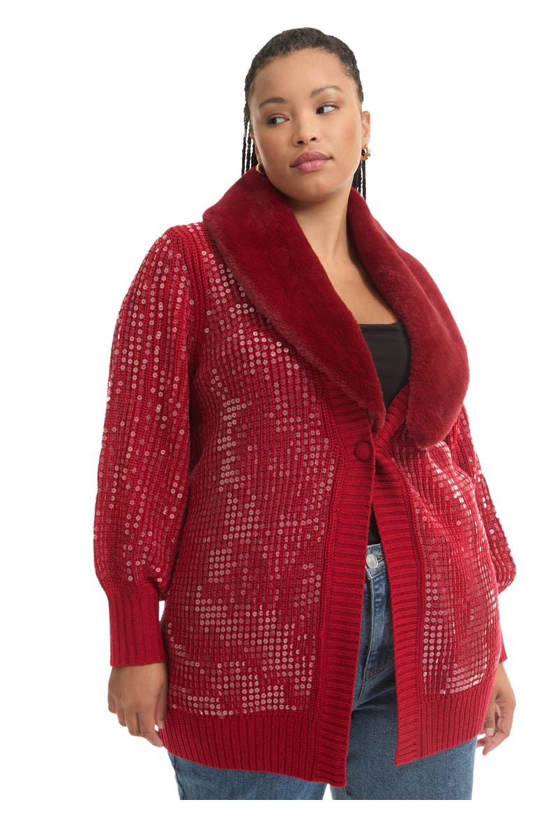 Sequin Button-Up Sweater, Main, color, BOLD RED