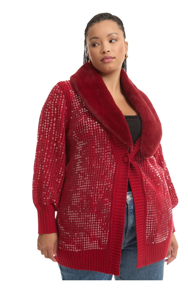 June + Vie Sequin Button-Up Sweater, Main, color, Bold Red