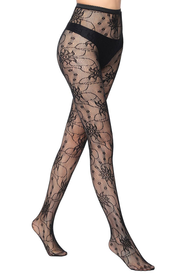 Wildflower Floral Fishnet Tights, Main, color, BLACK