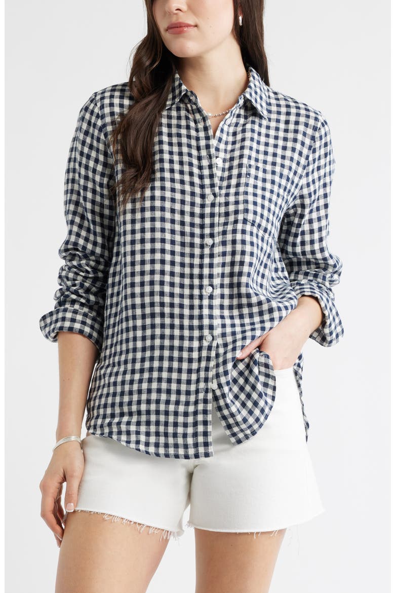 Casual Linen Button-Up Shirt, Main, color, NAVY STILL- IVORY BEA GINGHAM