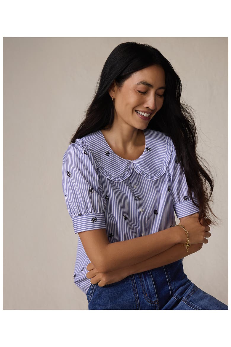 Easy Care Puff Sleeve Statement Collar Shirt, Alternate, color, White/Blue Floral Stripe