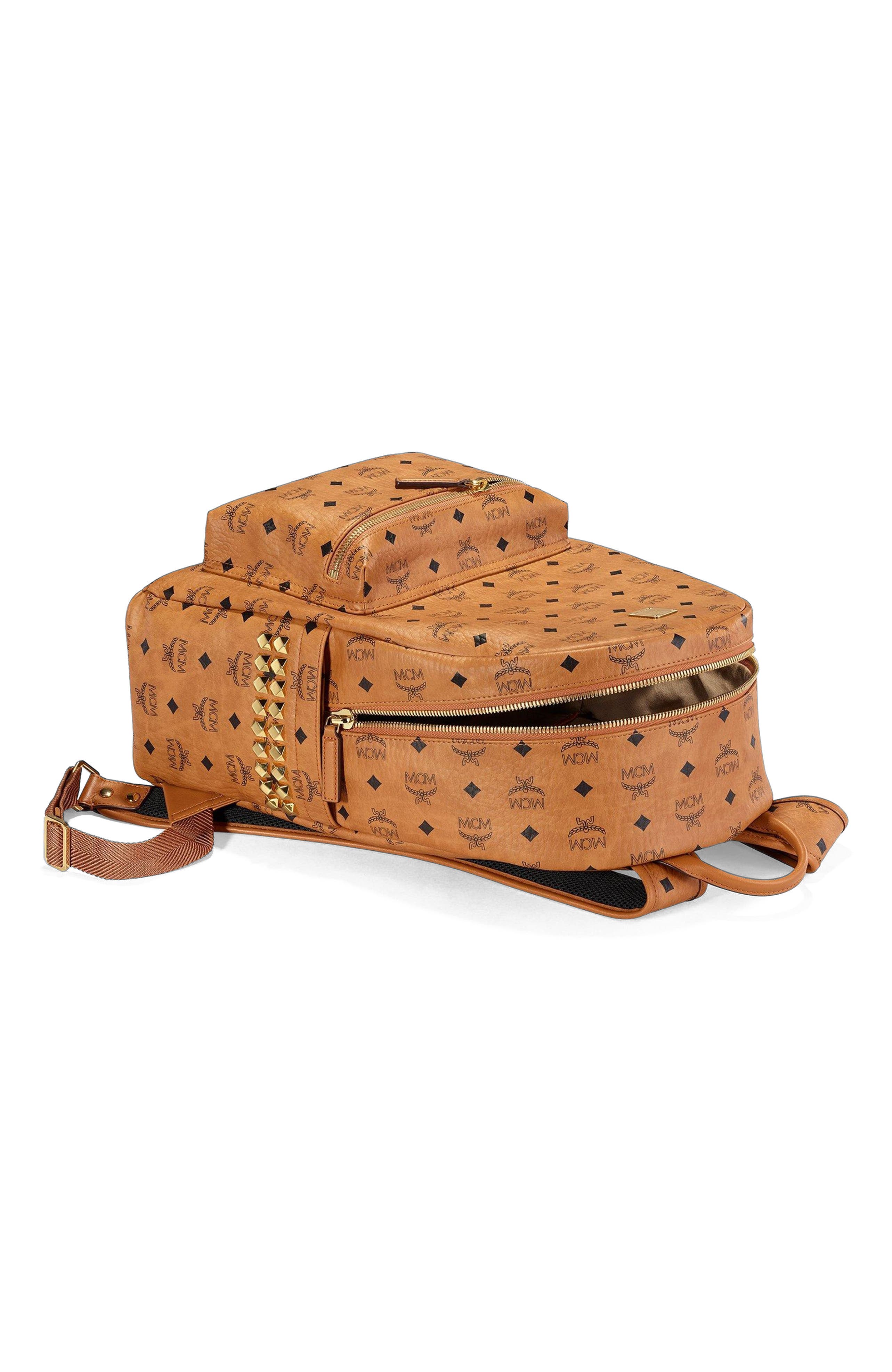 MCM Stark Side Studs Backpack in Visetos, Alternate, color, Cognac
