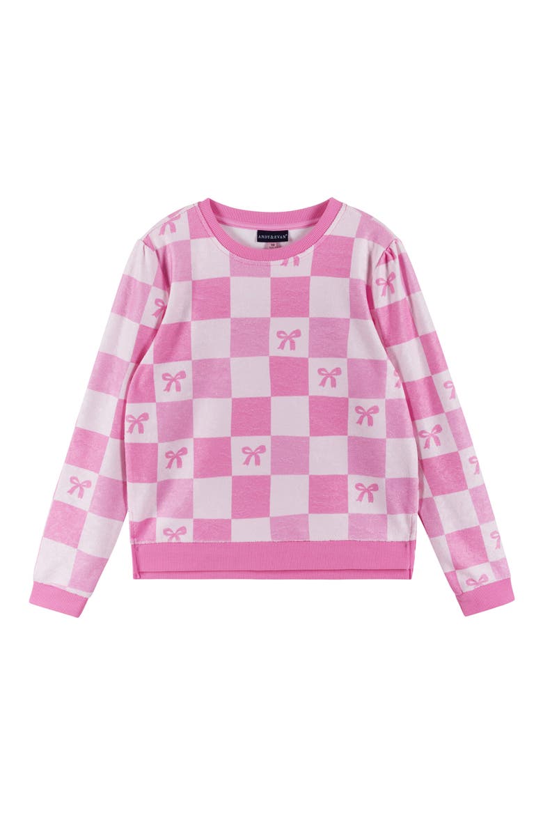 Kids' Textured Terry Long Sleeve Pullover & Shorts Set, Alternate, color, CHECKERED BOW