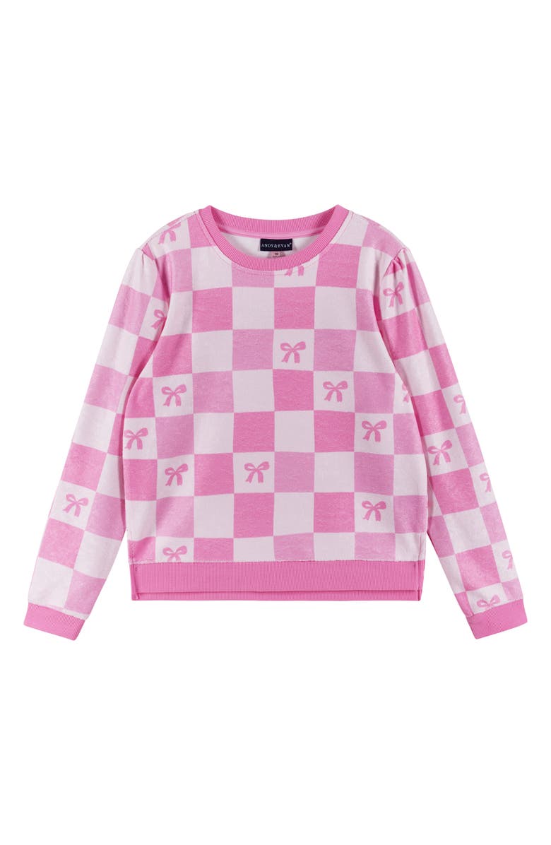 Andy & Evan Kids' Textured Terry Long Sleeve Pullover & Shorts Set, Alternate, color, Checkered Bow