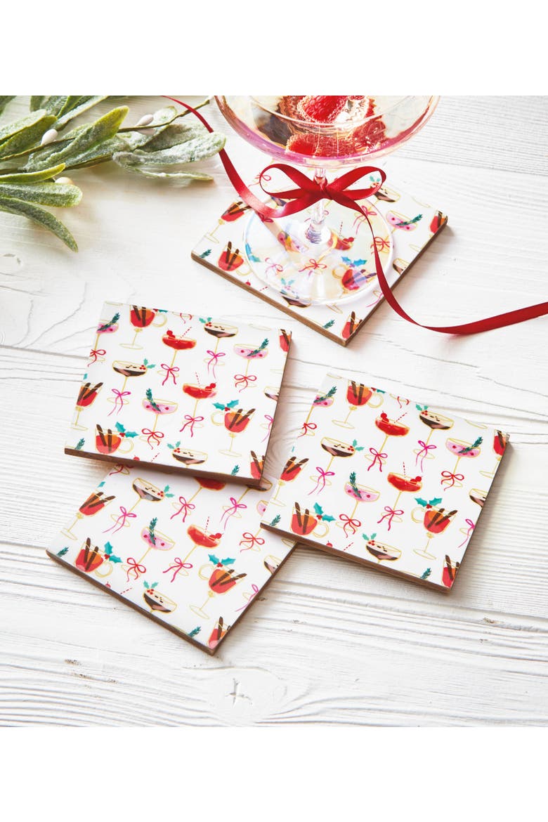 Very Merry Cocktail Coaster Set of Four for Home Entertaining, Alternate, color, White
