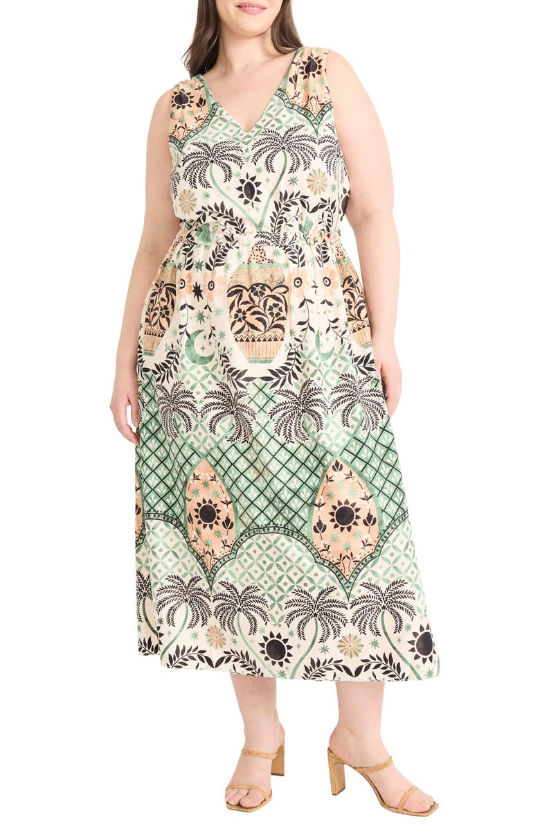 Maggy London Print Sleeveless Midi Dress, Main, color, Cream/ Green