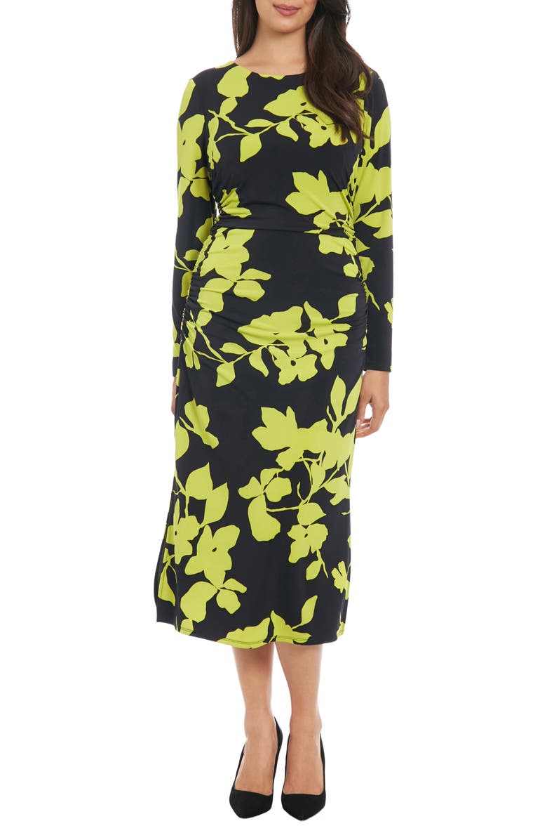 London Times Floral Long Sleeve Side Ruched Jersey Midi Dress, Main, color,