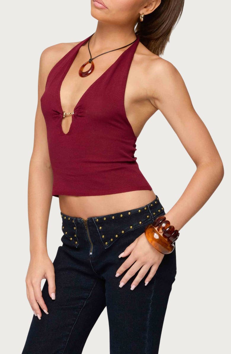 EDIKTED Missie Plunge Knit Halter Top, Alternate, color, Burgundy