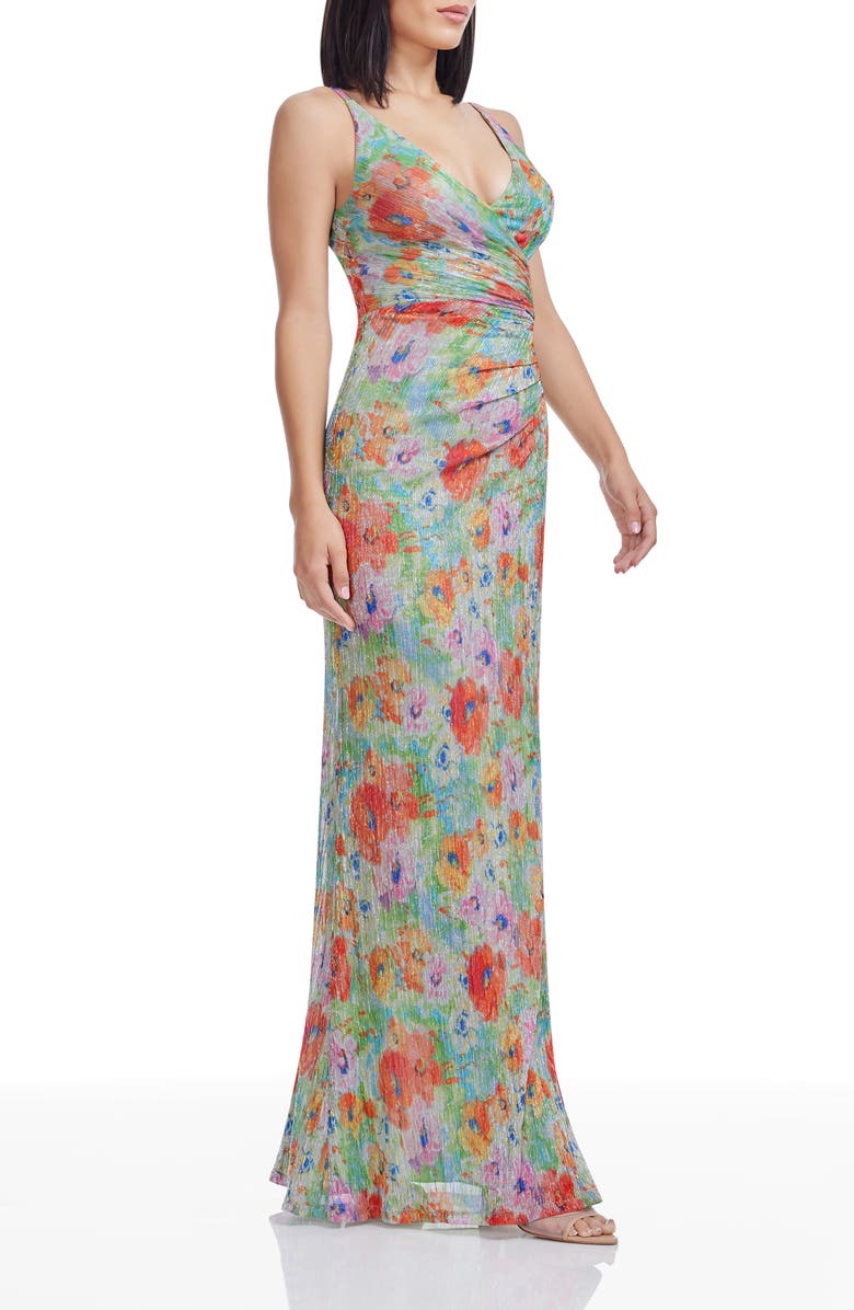 Dress the Population Jordan Metallic Floral Ruched Mermaid Gown, Alternate, color, Sage Multi