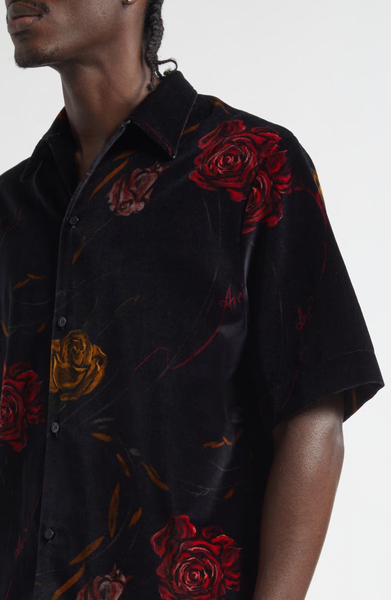 AMIRI Floral Velveteen Camp Shirt, Alternate, color, Black