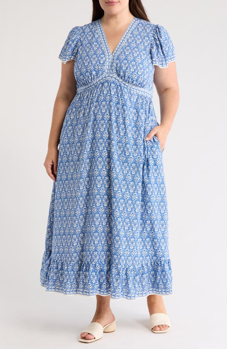 MAX STUDIO Flutter Sleeve V-Neck Dress, Main, color, Blue/ White Rosette Tapestry