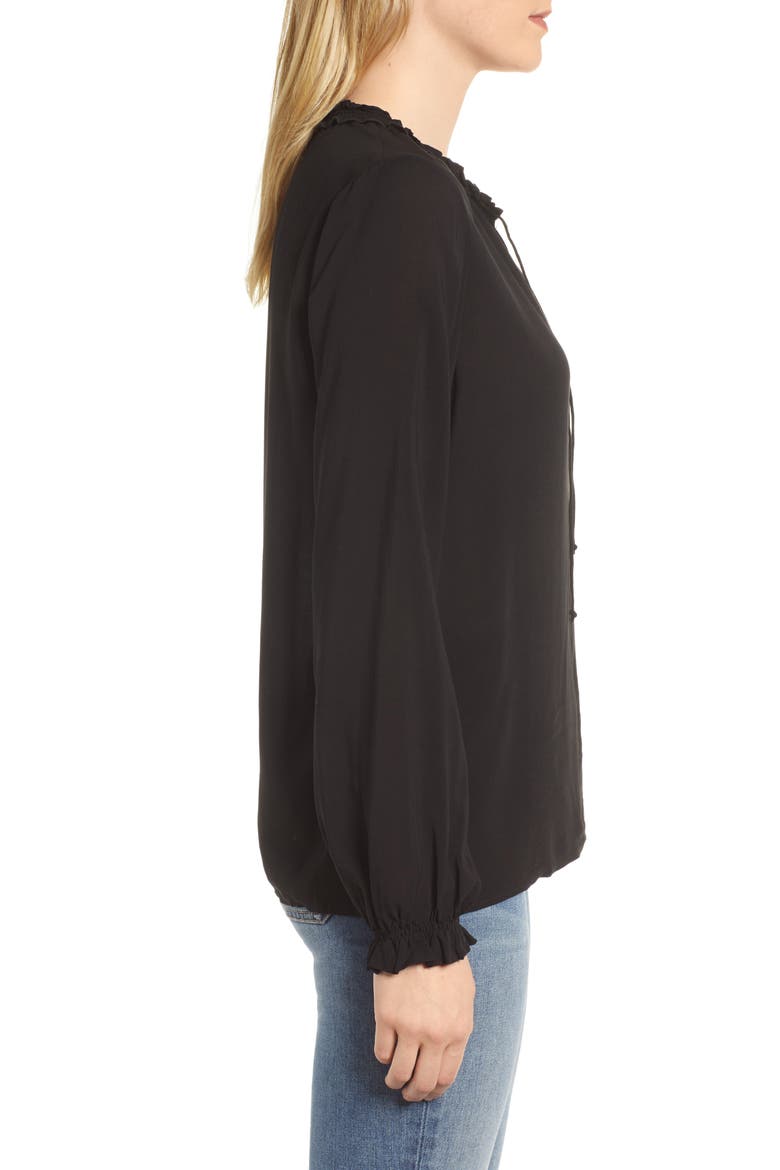 Ruffle Tie Neck Top, Alternate, color, BLACK