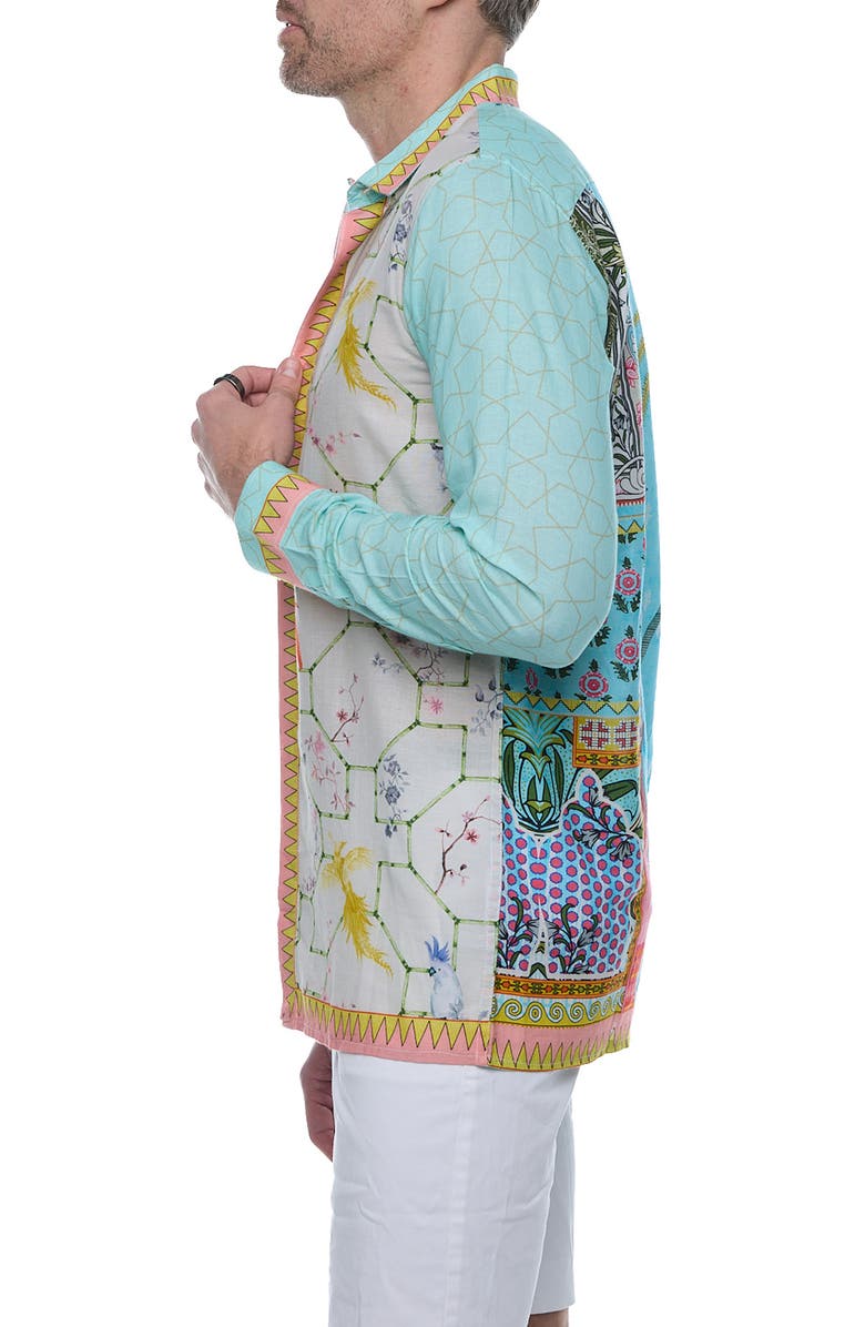 RANEES Extra Trim Fit Print Linen & Cotton Button-Up Resort Shirt, Alternate, color, Green