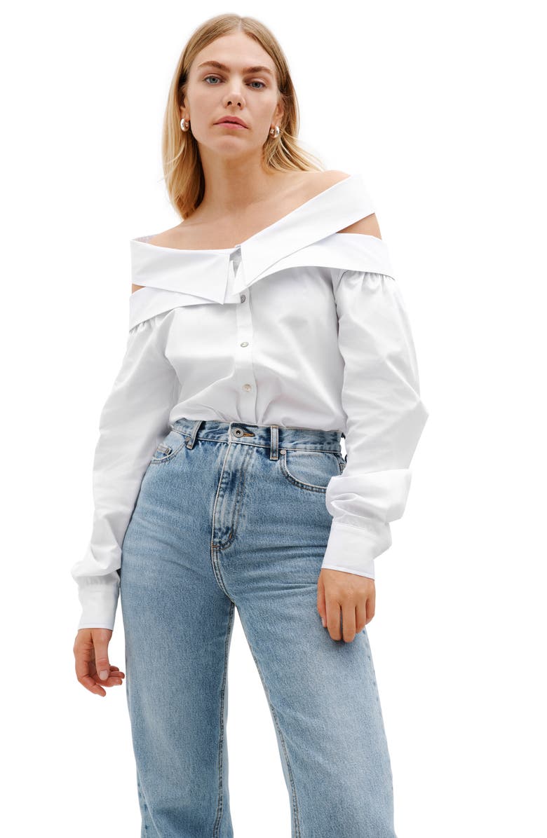 Marcella Vesper Off the Shoulder Button-Up Shirt, Alternate, color, White