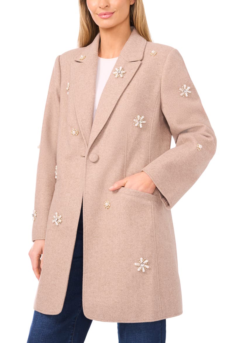 Faux Pearl & Rhinestone Detail Coat, Alternate, color, SAFARI