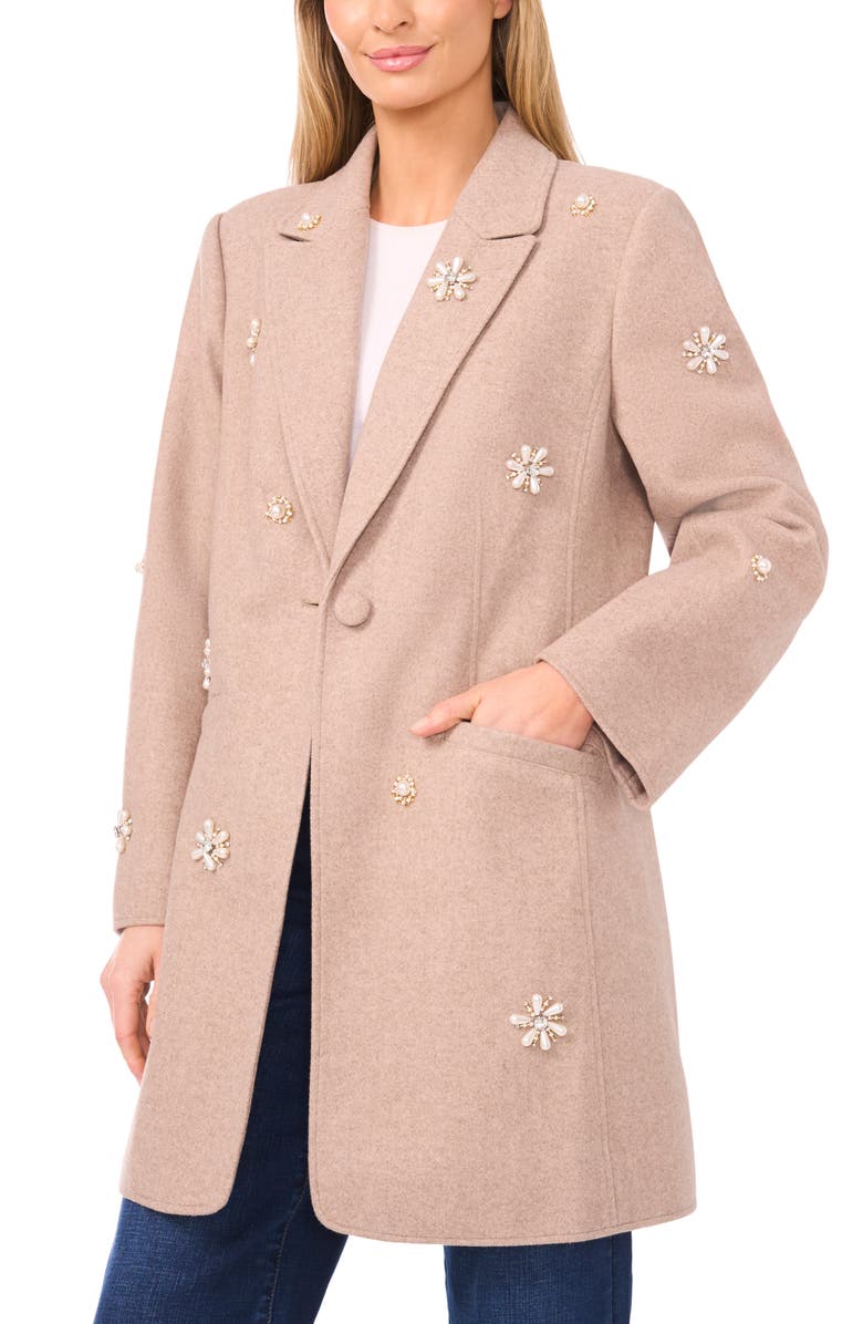 CeCe Faux Pearl & Rhinestone Detail Coat, Alternate, color, Safari