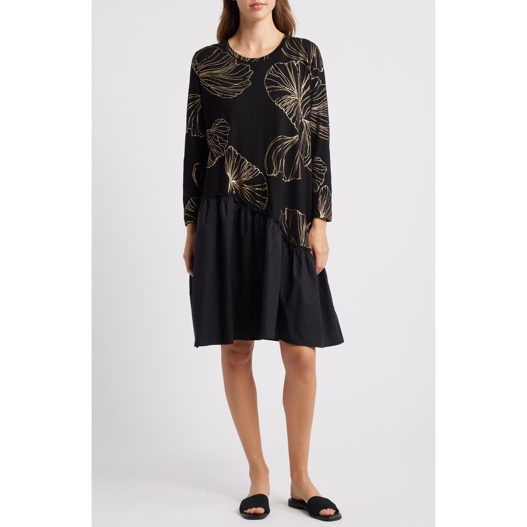 Masai Copenhagen Nellina Metallic Floral Long Sleeve Ruffle Hem Dress in Gold/black