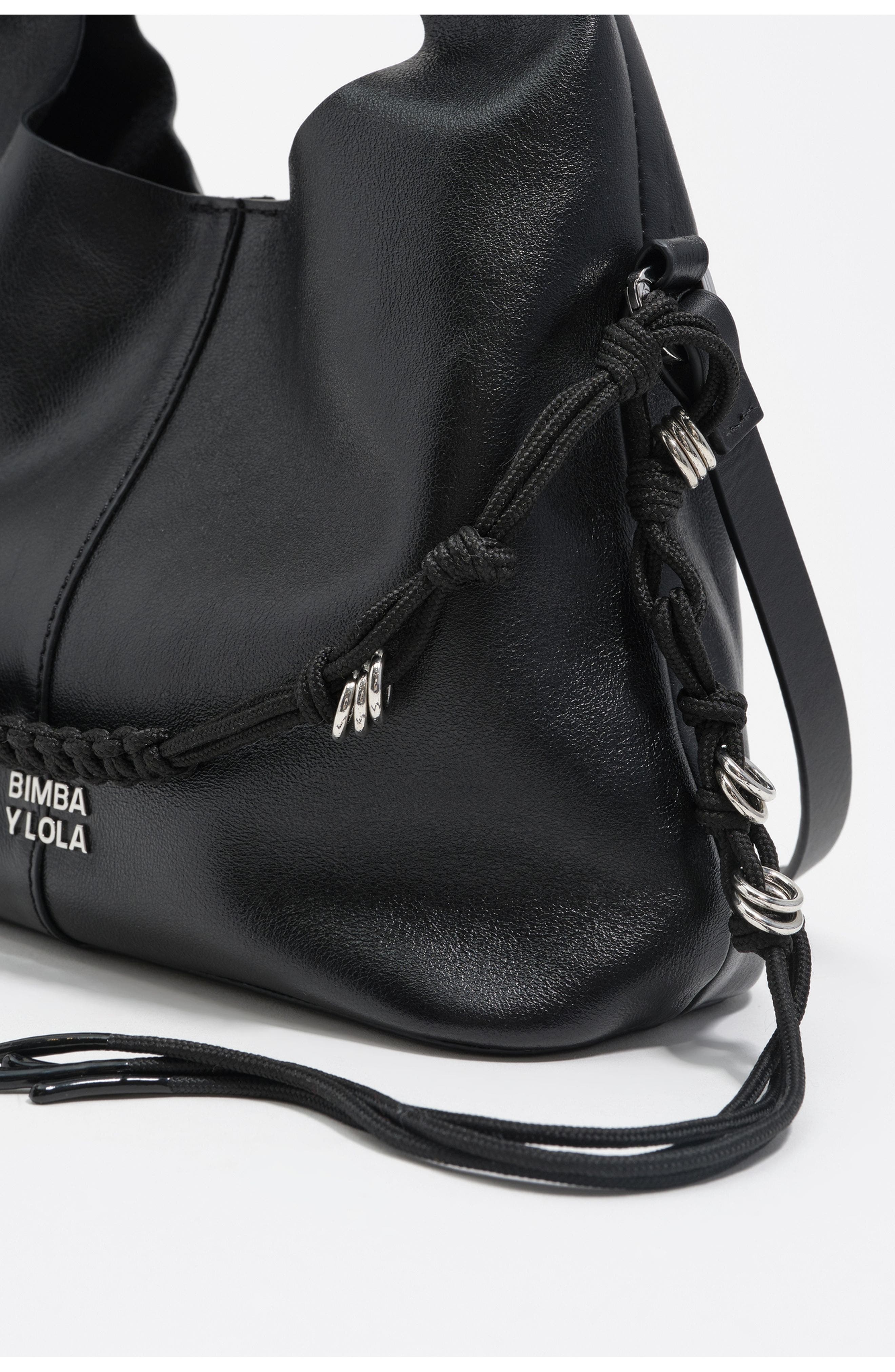 Bimba y Lola Leather Plaited Handle Paper Bag, Alternate, color, Black Chain