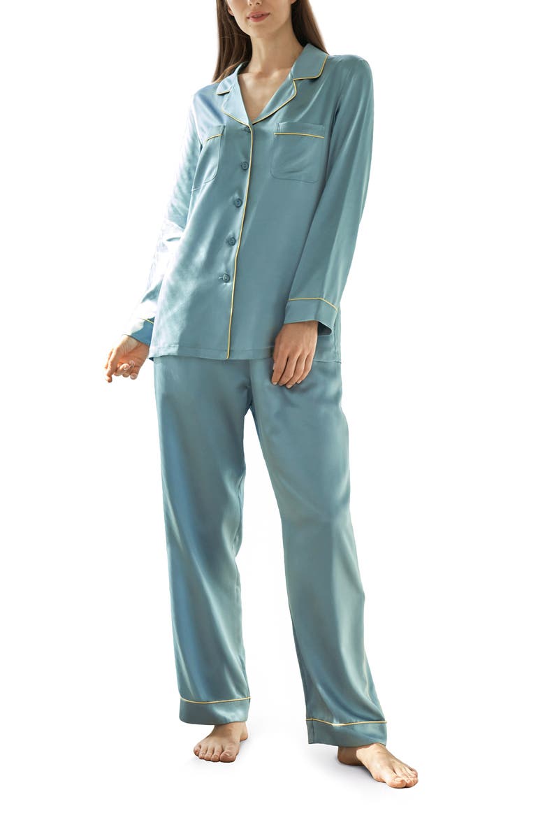 Women's Gold Piping Silk Pajamas Set, Main, color, Blue Haze