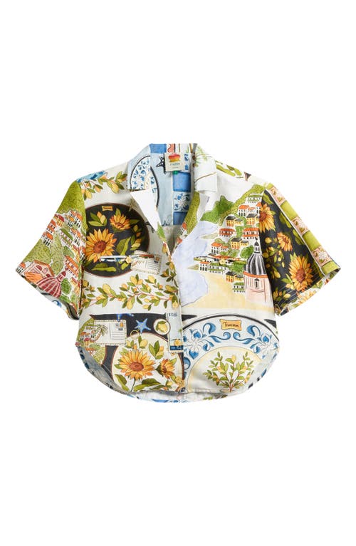 Farm Rio Latin Trip Scarves Crop Linen Button-up Shirt In Multi