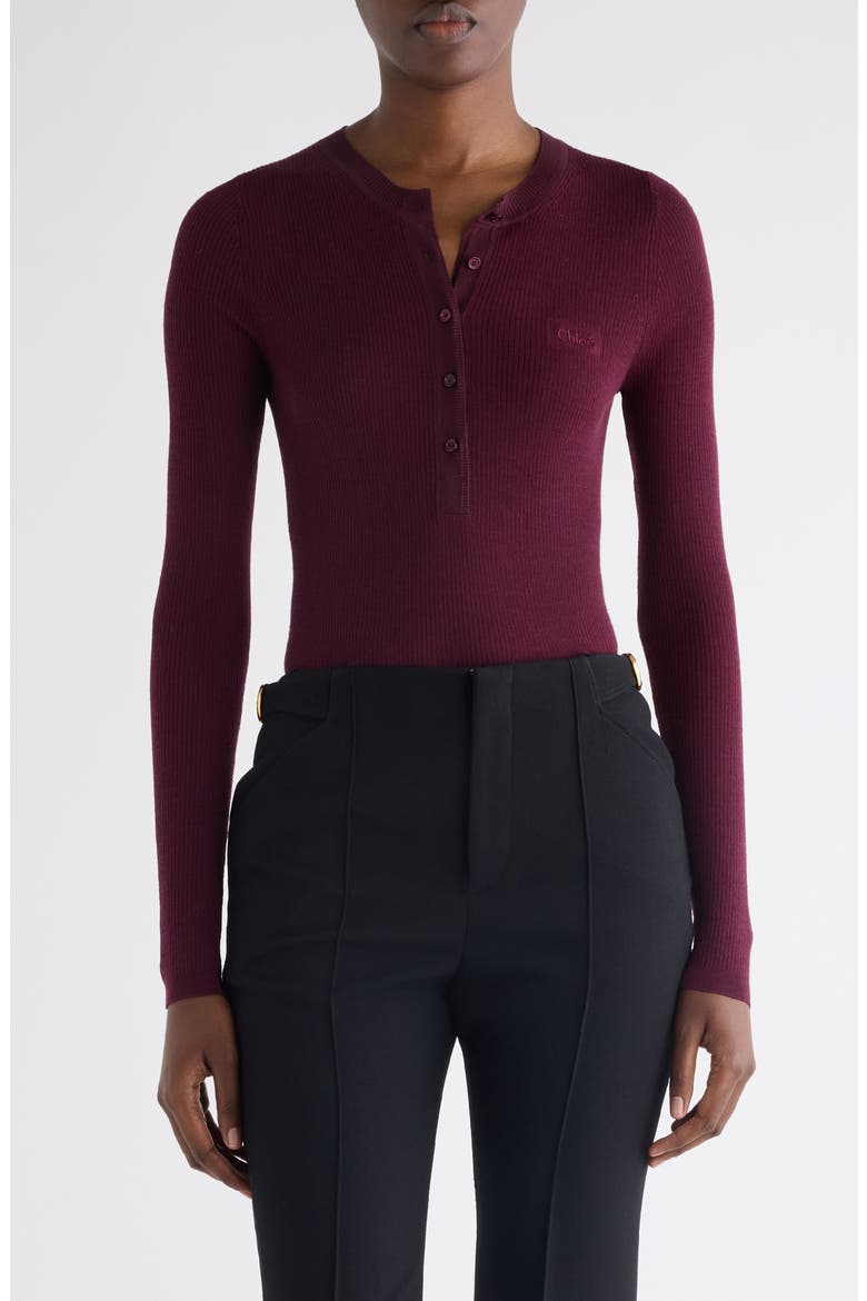 Long Sleeve Wool Rib Henley, Main, color, BURGUNDY