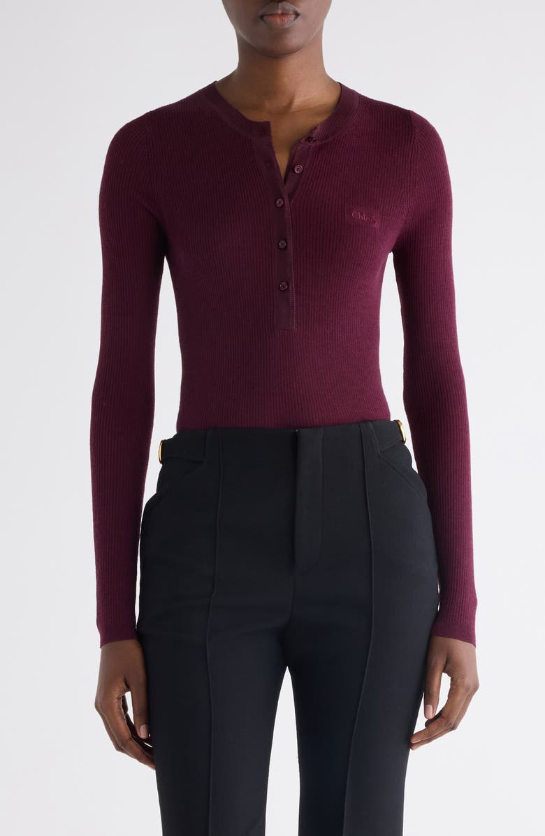 Chloé Long Sleeve Wool Rib Henley, Main, color, Burgundy