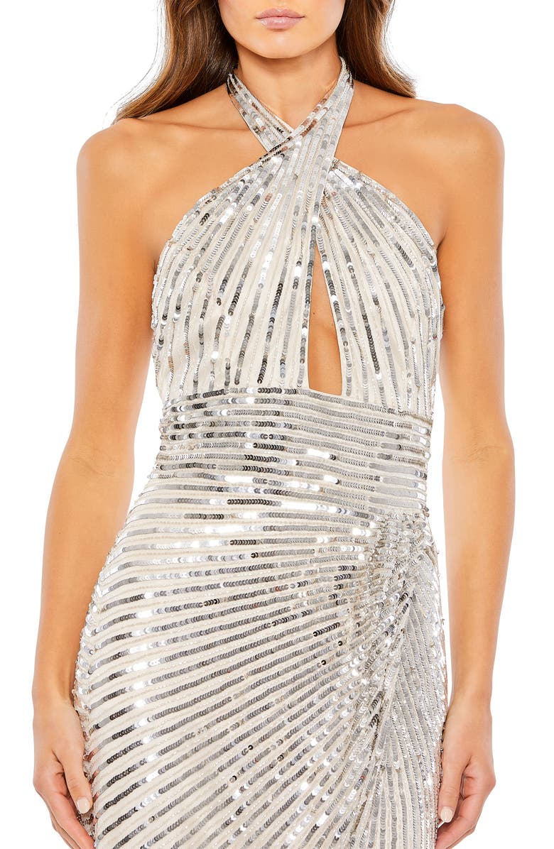 Mac Duggal Embellished Keyhole Halter Strap Draped Gown, Alternate, color, Nude Silver