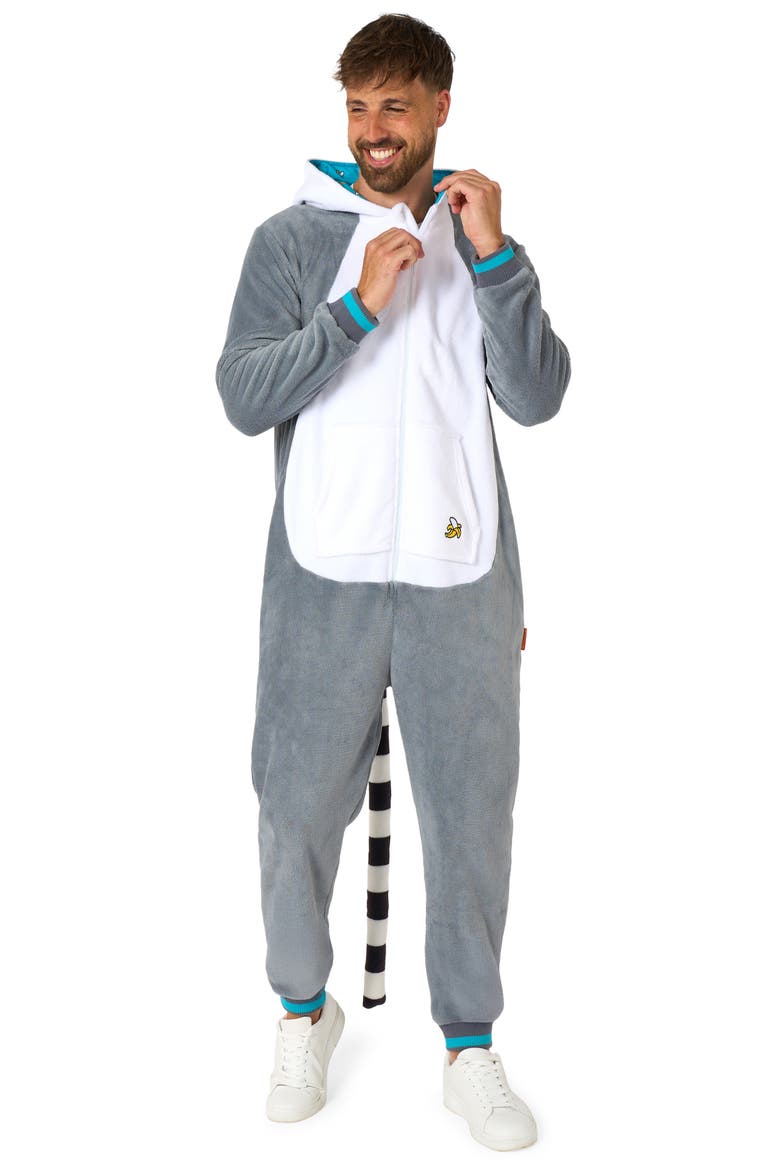 Lemur Hooded Fleece Costume Jumpsuit, Alternate, color, GREY