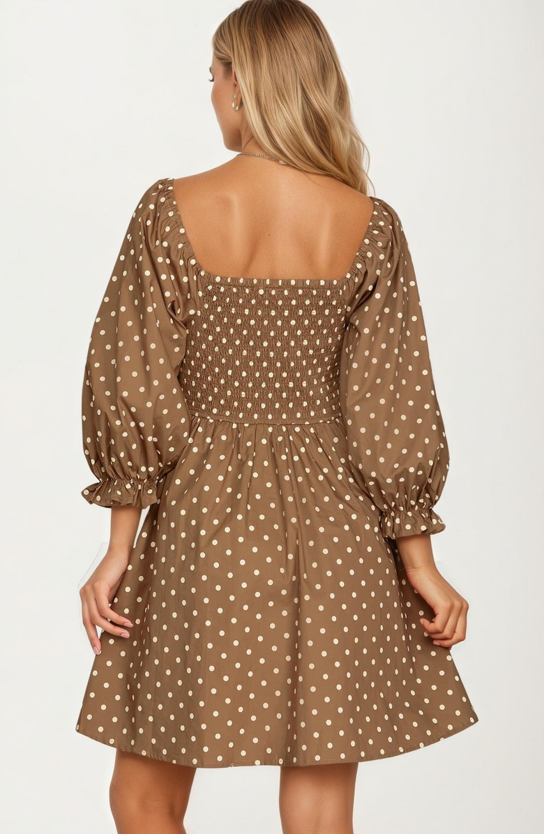 Knit and Lounge Polka Dot Puff Sleeve Bow Detail Mini Dress, Alternate, color, Brown / Cream Polka Dot
