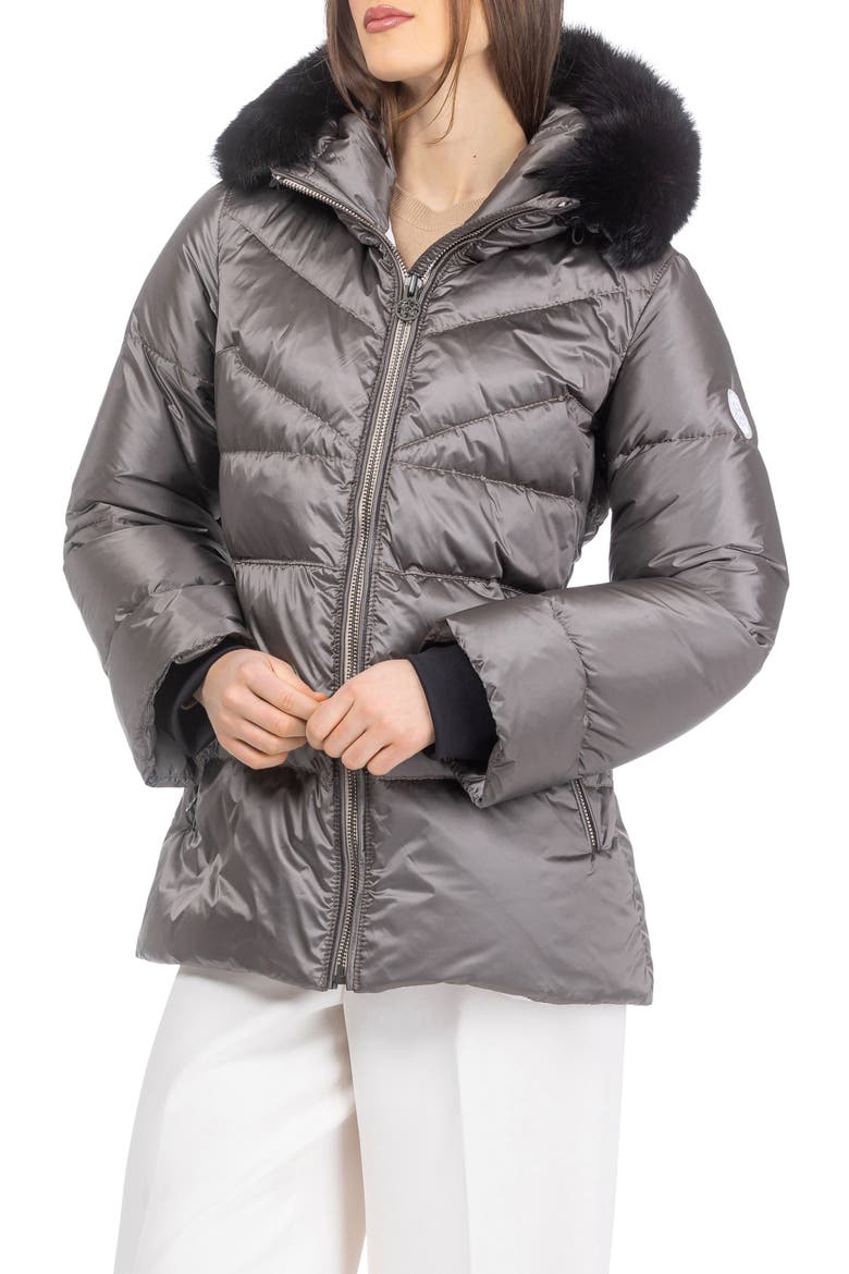 Apres-Ski Short Parka, Detachable Toscana Lamb Hood Trim, Alternate, color, Greige/Black