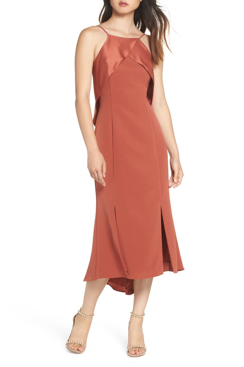 Ruffle Back Halter Midi Dress, Main, color, CLAY
