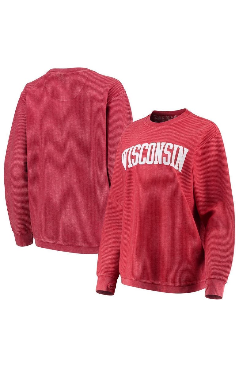 PRESSBOX Women's Pressbox Red Wisconsin Badgers Comfy Cord Vintage Wash Basic Arch Pullover Sweatshirt, Main, color, Red