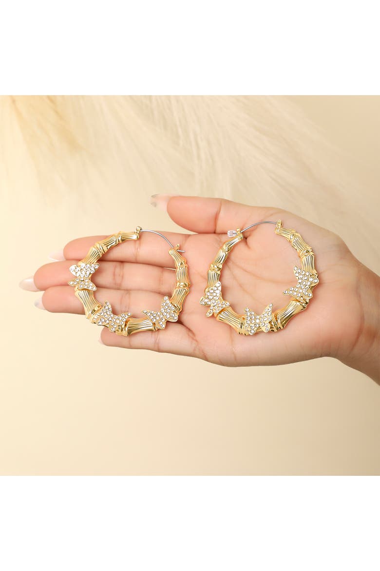 Butterfly on Hoops Earrings, Alternate, color, Gold